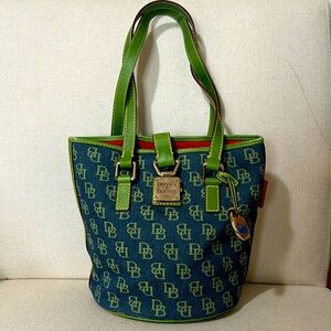 DOONEY & BOURKE • Y2K Denium Monogram Bucket Bag With Green Leather Trim